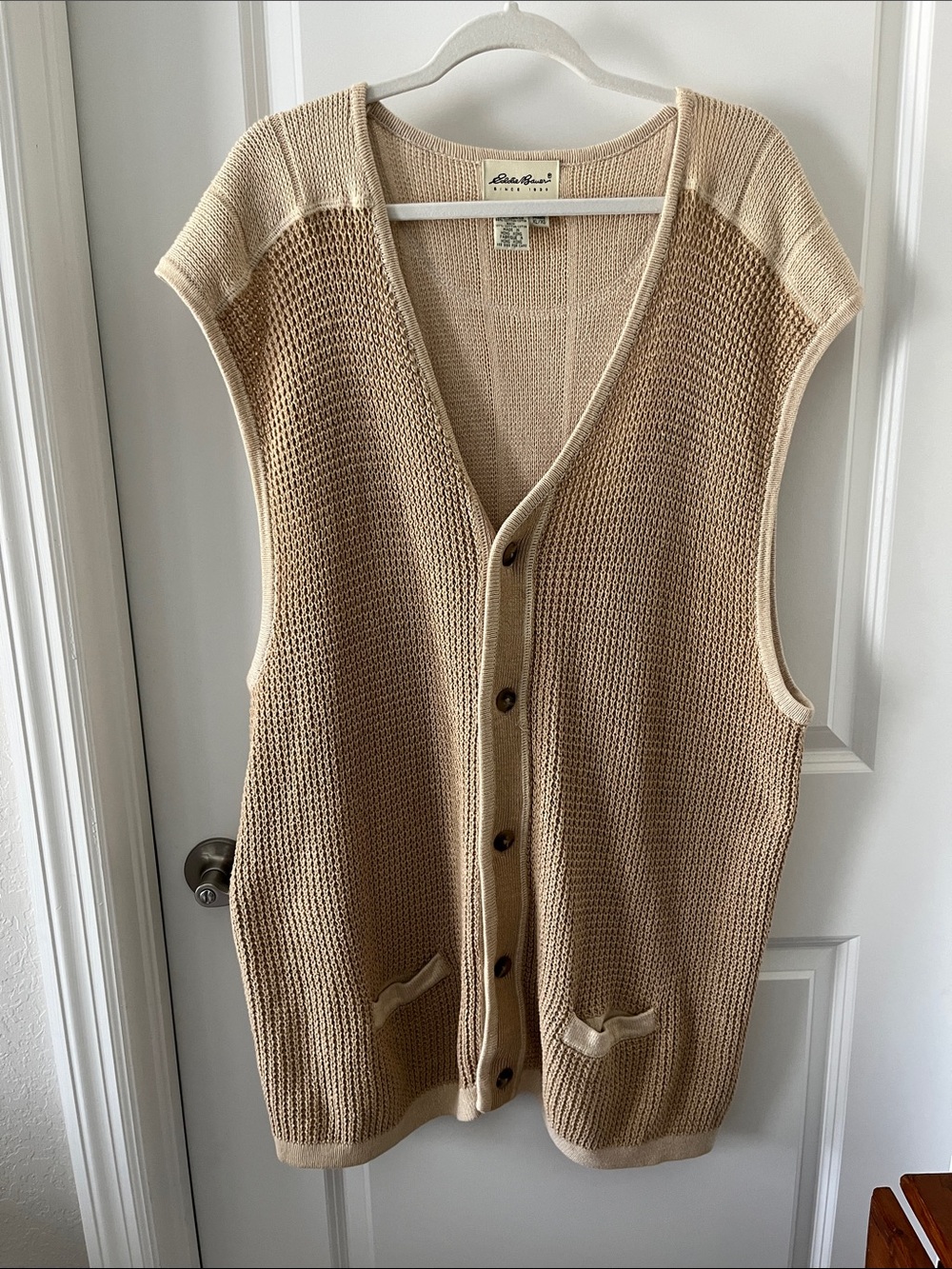 Eddie Bauer VTG Linen Cotton 2 Tone Beige Knit Sweater Vest Tall XL Hong Kong